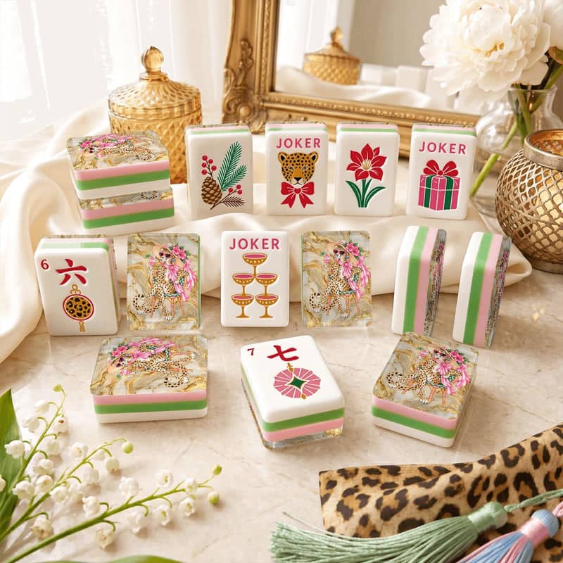 Splash Of Mahj And Color Co. Sipping Leopard 4 Layer Glam Winter — Pink & Green