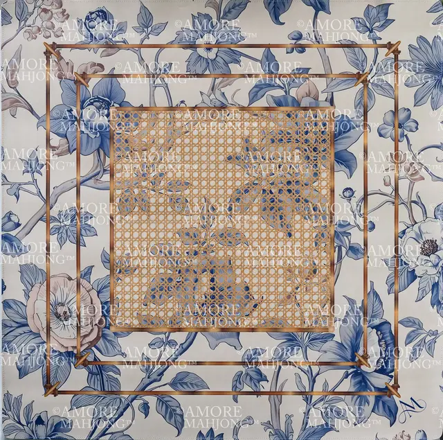 Amore Mahjong Heirloom Blue with Cane Rattan Mahjong Mat (Leatherette)