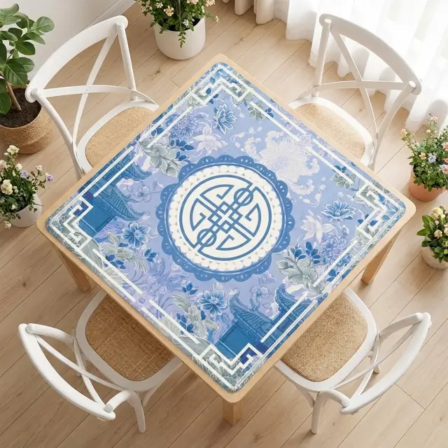 Splash Of Mahj And Color Co. Asian Blue Chinoiserie Mahjong in the Moon Garden Mahjong Mat