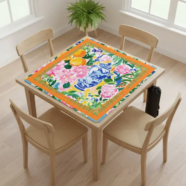 Splash Of Mahj And Color Co. Asian Chinoiserie Citrus Orange, Blue Mahjong Mat
