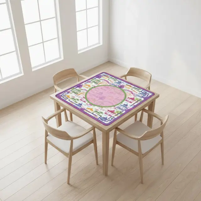 Splash Of Mahj And Color Co. Asian Chinoiserie Gardens, Pagoda, Lantern Lavender And Blue Mahjong Mat
