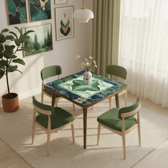 Splash Of Mahj And Color Co. Asian Chinoiserie Tranquil Zen Pagoda Floral Mahjong Mat In Blue And Green