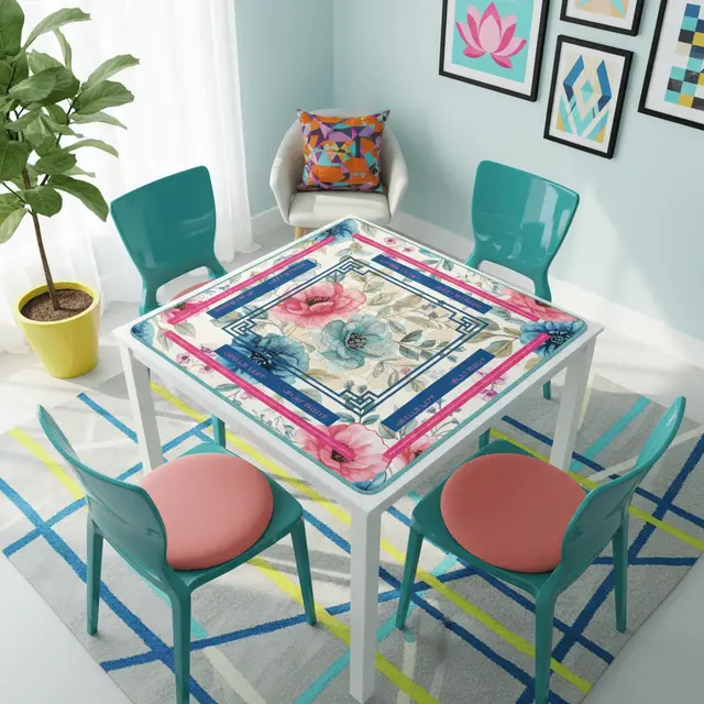 Splash Of Mahj And Color Co. Asian Floral Mahjong Mat, Instructional Pink, Aqua, Blue Mahj Game Mat