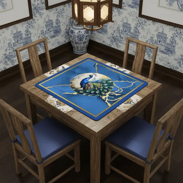 Splash Of Mahj And Color Co. Asian Mahjong Mat Elegant Floral Watercolor Peacock, Blue Gold Marble Mahj Mat