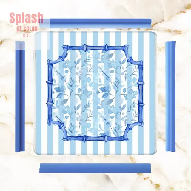 Splash Of Mahj And Color Co. Blue And White Striped Preppy Floral Asian Chinoiserie Flower Border Mahjong Mat