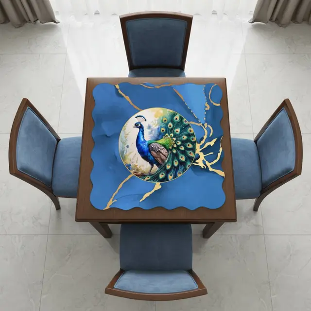 Splash Of Mahj And Color Co. Blue Gold Gilded Peacock Scalloped Mahjong Mat