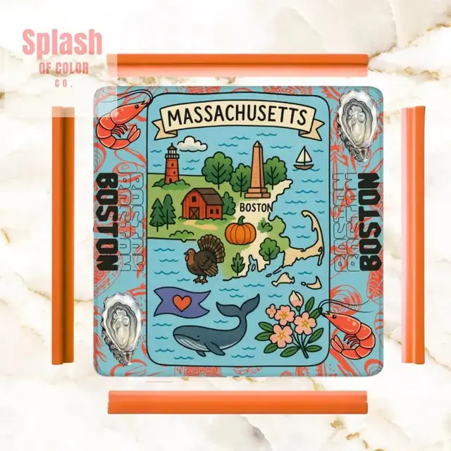 Splash Of Mahj And Color Co. Boston Massachussets Mahjong Mat, Whimsical Playful Orange, Blue Motif