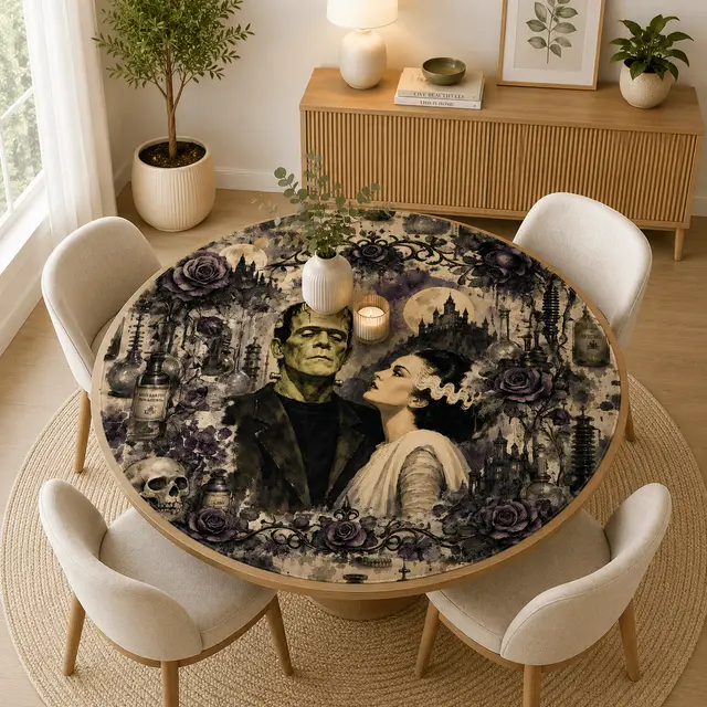 Splash Of Mahj And Color Co. Bride And Frankenstein Round Mahjong Mat