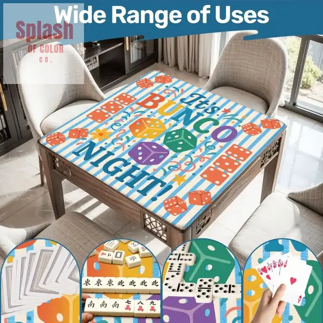 Splash Of Mahj And Color Co. Bunco Table Mat, Whimsical Fun Playful Blue And White Striped Game Night Mat