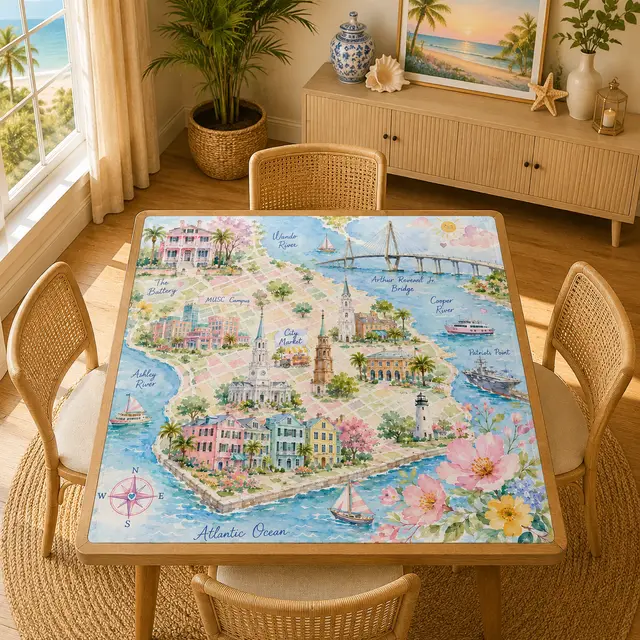 Splash Of Mahj And Color Co. Charleston South Carolina Map And Landmarks Watercolor Pastel Mahjong Mat