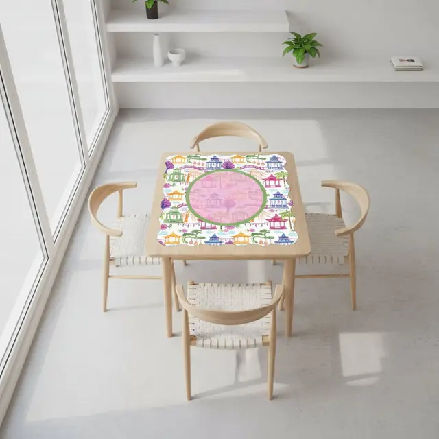 Splash Of Mahj And Color Co. Chinoiserie Asian Gardens, Pagoda, Lantern Lavender And Blue Scalloped Mahjong Mat