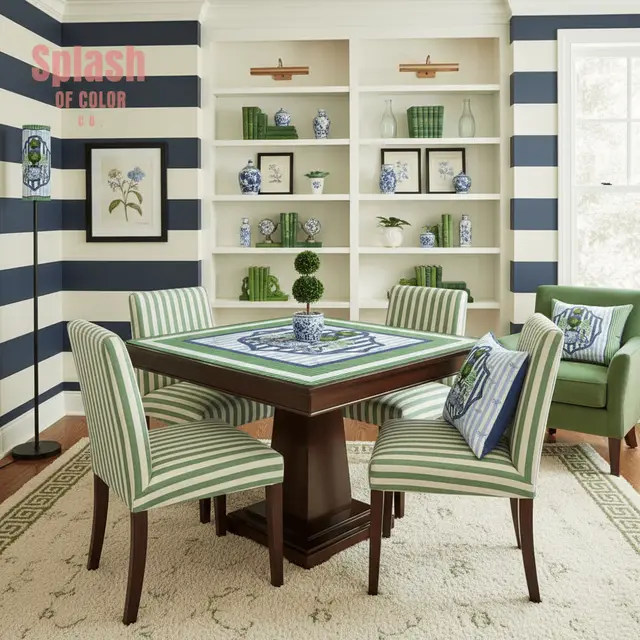 Splash Of Mahj And Color Co. Chinoiserie Staffordshire Preppy Green Blue Striped Mahjong Mat