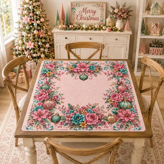 Splash Of Mahj And Color Co. Christmas In Full Bloom Pink, Aquas, Mahjong Holdiay Mat