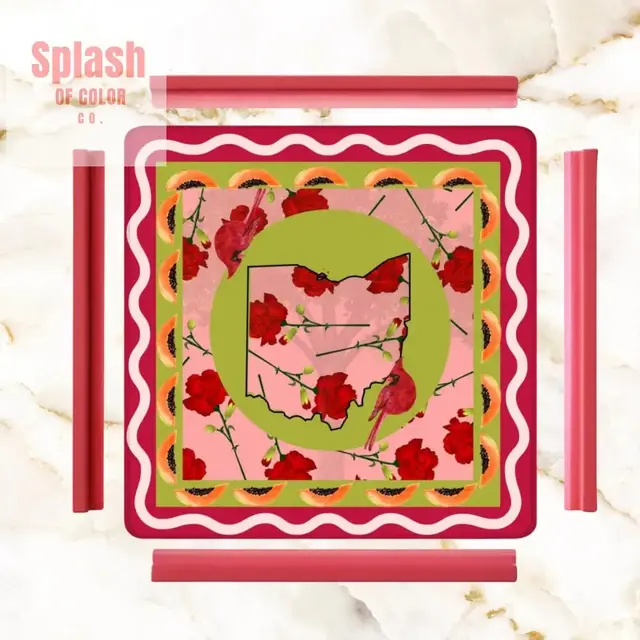 Splash Of Mahj And Color Co. Crimson Red, Ohio State Pride Whimsical Mahjong Game Mat, Cardinals, Carnations And Pawpaws