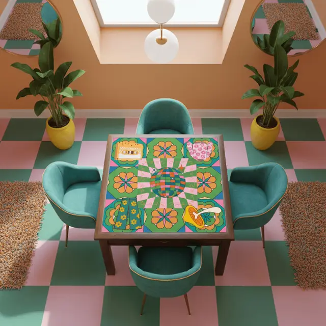 Splash Of Mahj And Color Co. Disco Fever, Nostalgic 70s Green Orange Floral Mahjong Mat
