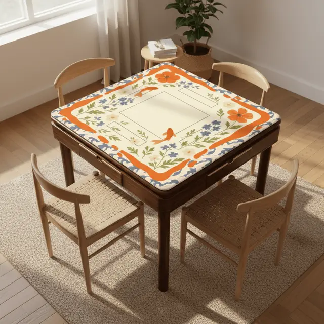 Splash Of Mahj And Color Co. Floating Garden, Orange, Periwinkle Blue Floral Fish Mahjong Mat