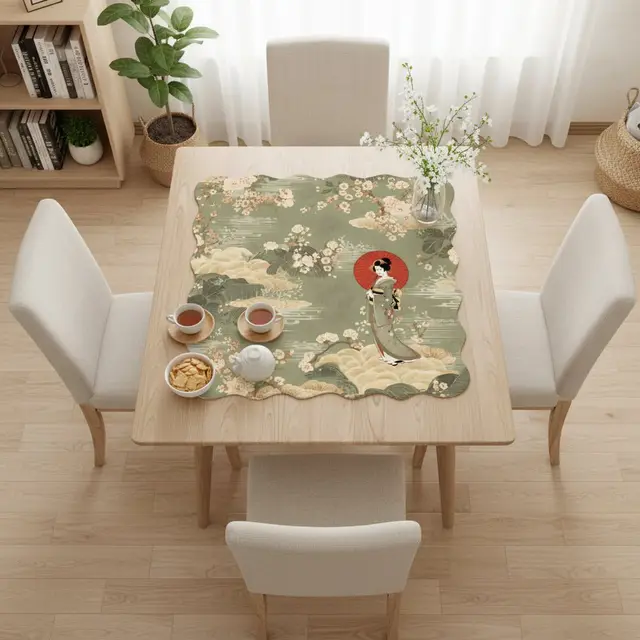 Splash Of Mahj And Color Co. Floral Asian Geisha Girl Scalloped Mahjong Mat