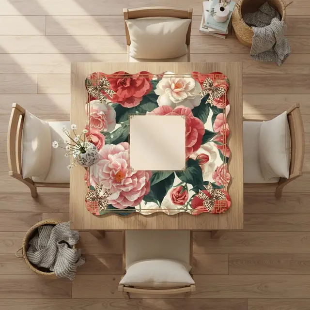 Splash Of Mahj And Color Co. Floral Charleston Camellias Scalloped Mahjong Mat