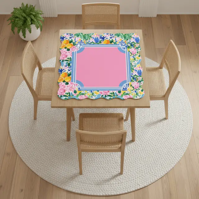 Splash Of Mahj And Color Co. Floral Chinoiserie Preppy Pastel Scalloped Mahjong Mat