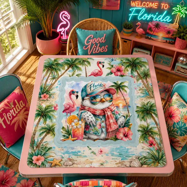 Splash Of Mahj And Color Co. Florida Snowbird Tropical Flamingo And Palm Trees Mahjong Mat