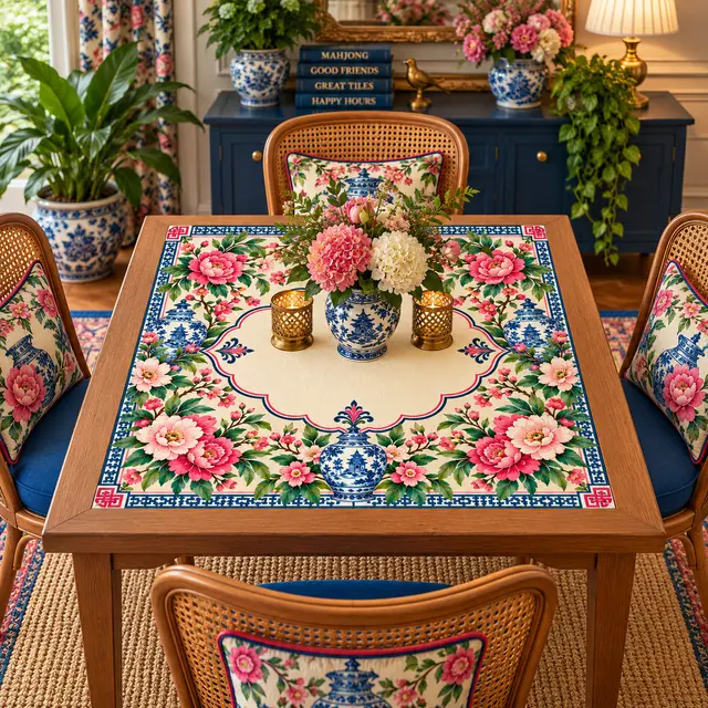 Splash Of Mahj And Color Co. Garden Party Chinoiserie Blue Pink Mahjong Mat
