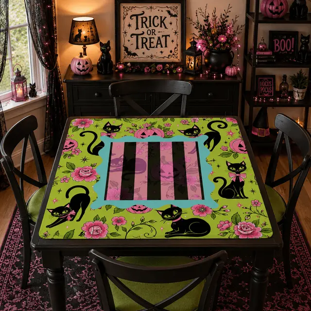 Splash Of Mahj And Color Co. Halloween Kitty Cat Brigade Green And Pink Mahjong Mat