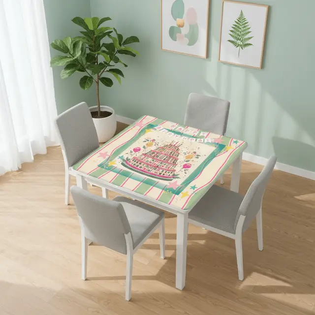Splash Of Mahj And Color Co. Happy Birthday Mahjong Mat, Tiered Mahjong Cake, Whimsical Pink Green Striped