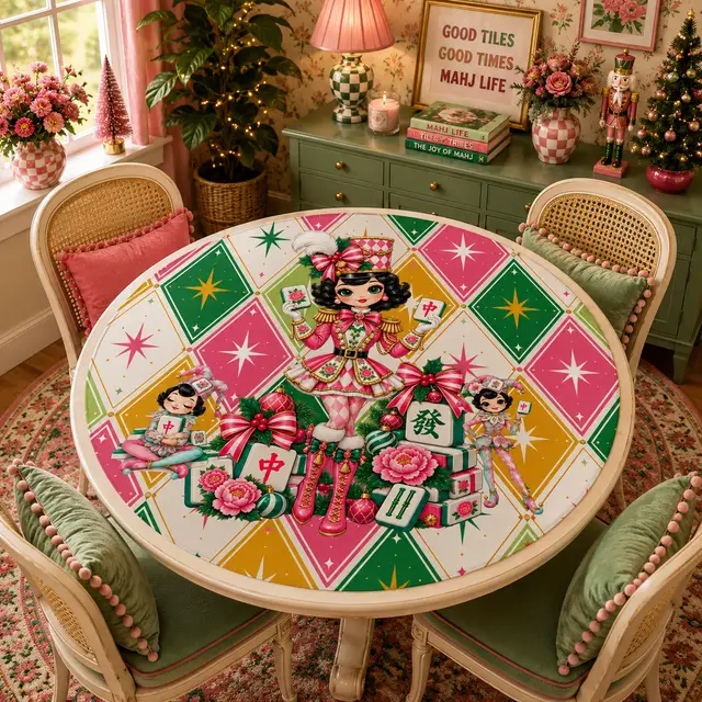 Splash Of Mahj And Color Co. Harlequin Christmas Mahjie The Mascot Round Mahjong Mat
