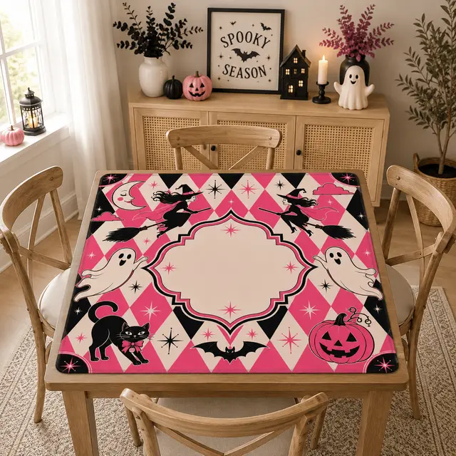 Splash Of Mahj And Color Co. Harlequin Halloween Pink Witches, Ghosts Seasonal Custom Mahjong Mat