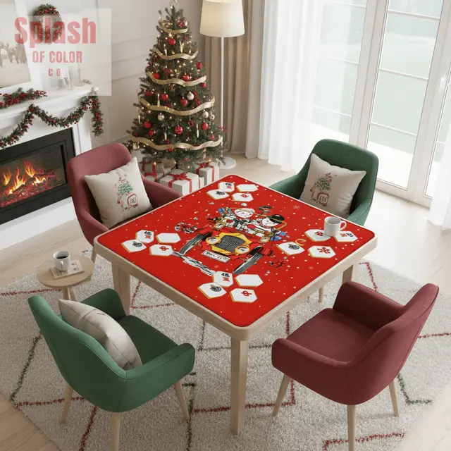 Splash Of Mahj And Color Co. Holly Jolly Mahjong Christmas Mat, Vintage Nostalgic Snowman Couple Quirky Mahj Mat
