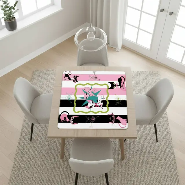 Splash Of Mahj And Color Co. Kitty Cocktail Hour, Black Pink Whimsical Vintage Cats Mahjong Mat