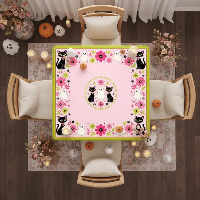 Splash Of Mahj And Color Co. Kitty Ghost Brigade Pink And Green Halloween Mahjong Mat