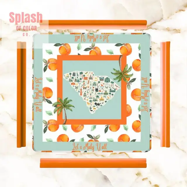 Splash Of Mahj And Color Co. Let's Mahj Y'all South Carolina Whimsical Peach Pattern Mahjong Game Mat