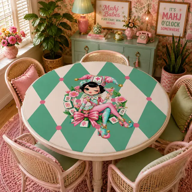 Splash Of Mahj And Color Co. Mahjie The Mascot Harlequin Designed Round Mahjong Mat