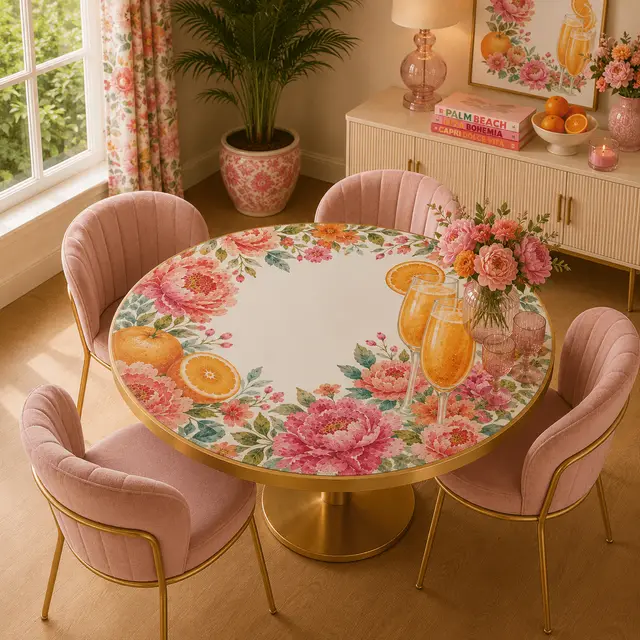 Splash Of Mahj And Color Co. Mahjong And Mimosas Floral Pink, Orange Round Mahjong Mat