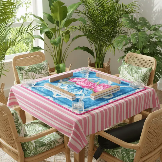 Splash Of Mahj And Color Co. Mahjong Chinoiserie Mat, Pink Blue, The Peony-Powered Prosperity Pad