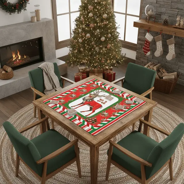 Splash Of Mahj And Color Co. Mahjong Christmas Mat, Majestic Reindeer, Green Red Candy Cane Striped Seasonal Mat