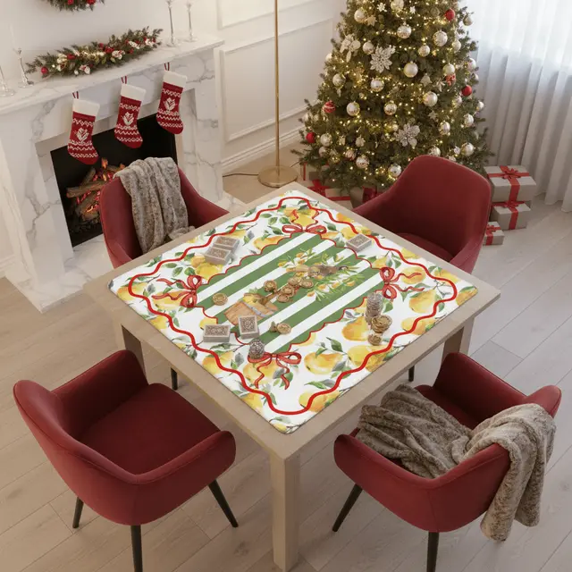 Splash Of Mahj And Color Co. Mahjong Christmas Mat, Partridge In A Pear Tree, Watercolor Lemons, Green Preppy Striped