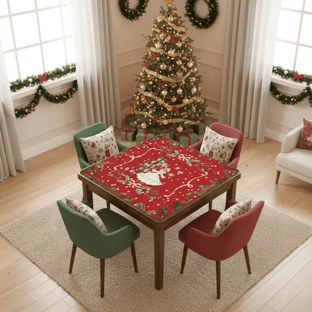 Splash Of Mahj And Color Co. Mahjong Christmas Mat, Red, Green Festive Whimsical Tree And Vintage Nostalgia