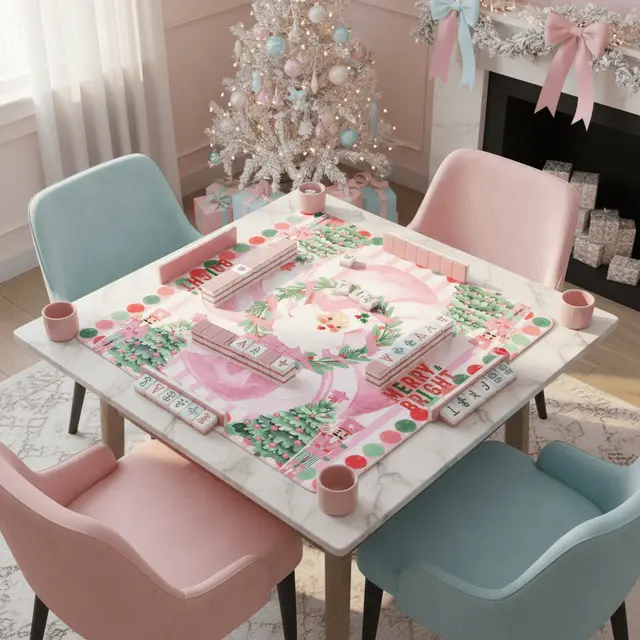 Splash Of Mahj And Color Co. Mahjong Christmas Mat, Vintage Santa, Pink White, Nutcrackers And Christmas Trees