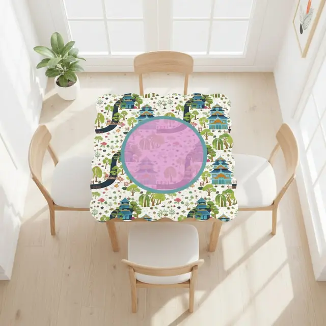 Splash Of Mahj And Color Co. Mahjong Mat Chinoiserie Pagoda Asian Garden Scalloped