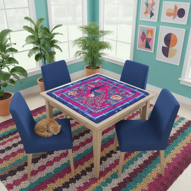Splash Of Mahj And Color Co. Mahjong Mat, Royal Blue, Fushcia Pink Floral Peacock Mahj Game Mat
