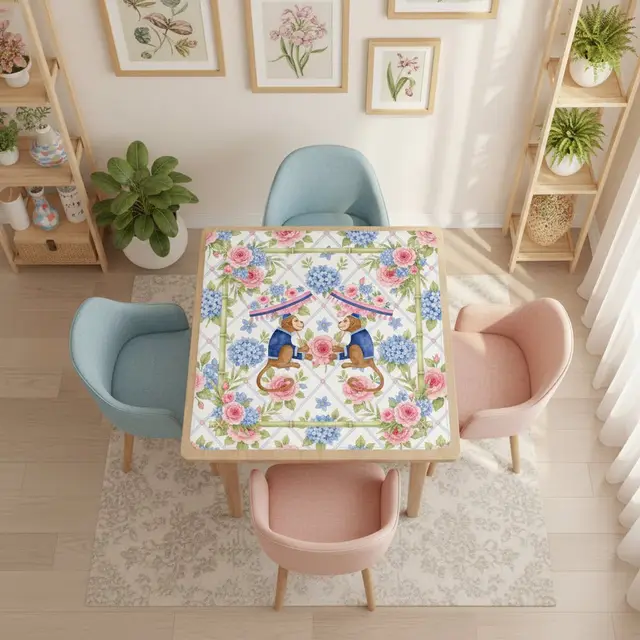 Splash Of Mahj And Color Co. Mahjong Monkey Floral Infusion Hydrangeas Blue And Pink Mahjong Mat
