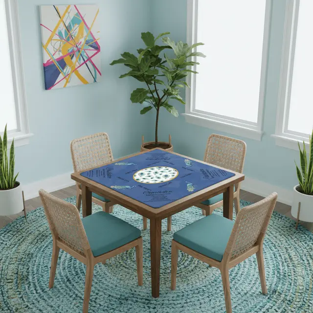 Splash Of Mahj And Color Co. Marble Blue Mahjong Mat, Elegant Peacock Floral Instructional Mahj Game Mat
