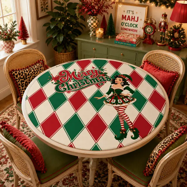 Splash Of Mahj And Color Co. Merry Madge Christmas Harlequin Designed Round Mahjong Mat