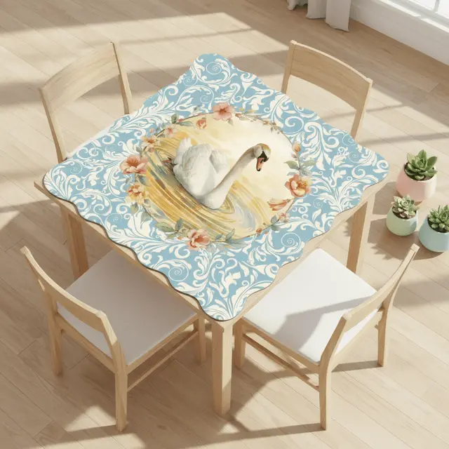 Splash Of Mahj And Color Co. On Golden Pond Swan Floral Scalloped Mahjong Mat