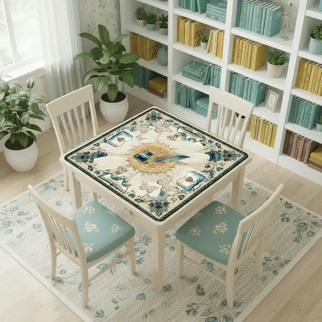 Splash Of Mahj And Color Co. Once Upon A Mahjong Ink And Ivory Faux Embroidered Book Worm Mahjong Mat