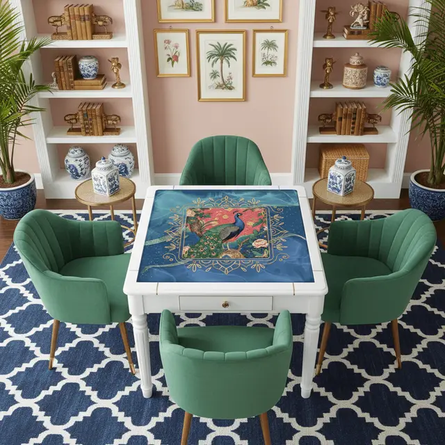 Splash Of Mahj And Color Co. Peacock Elegant Marbled Blue, Chinoiserie Asian Garden Mahjong Mat