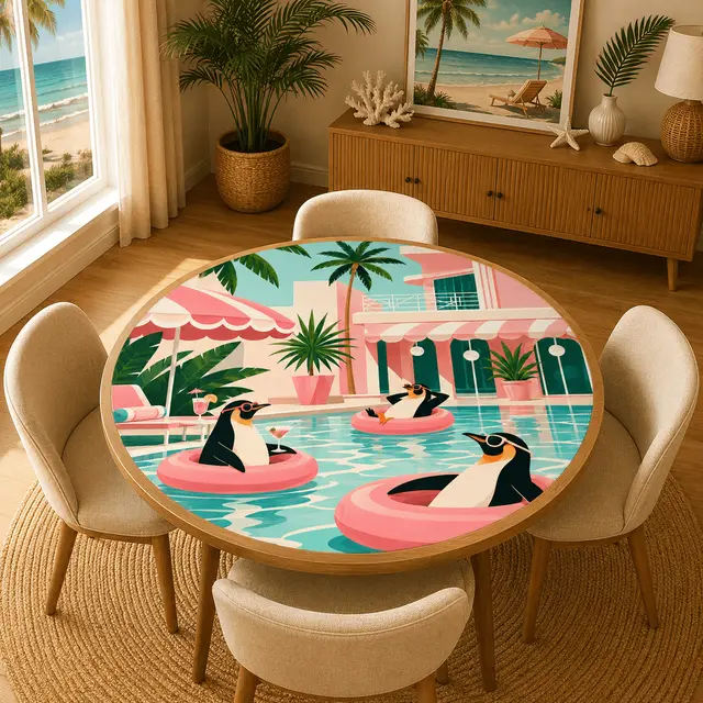 Splash Of Mahj And Color Co. Penguins Poolside At The Palm Round Mahjong Mat