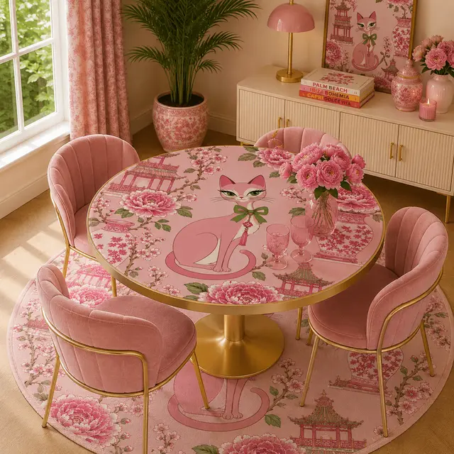 Splash Of Mahj And Color Co. Pink Peony Purr Chinoiserie Round Mahjong Mat